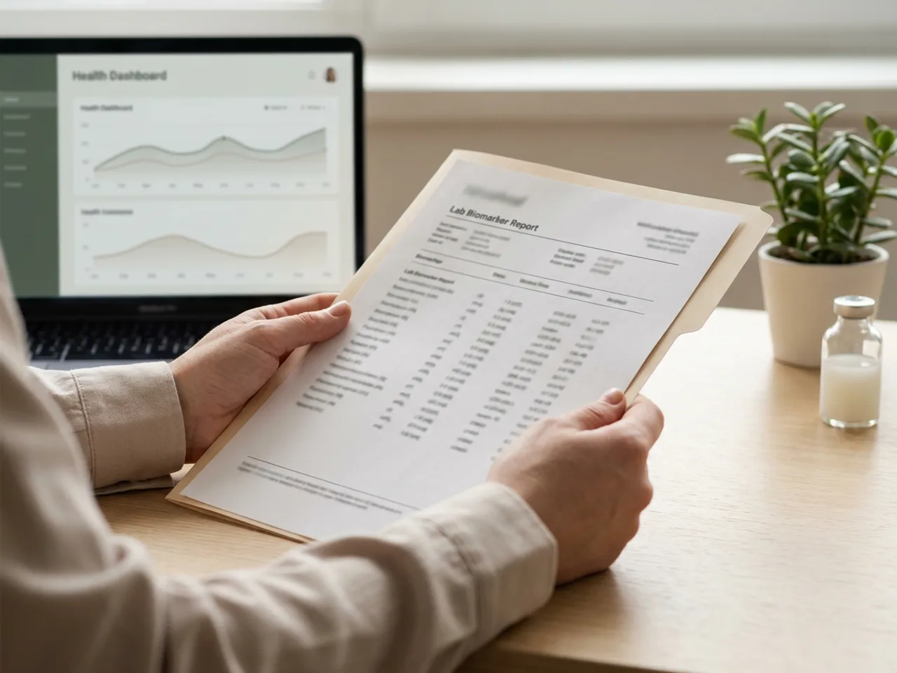 A practitioner reviewing a printed lab biomarker report beside a health dashboard, evidence read with rigor